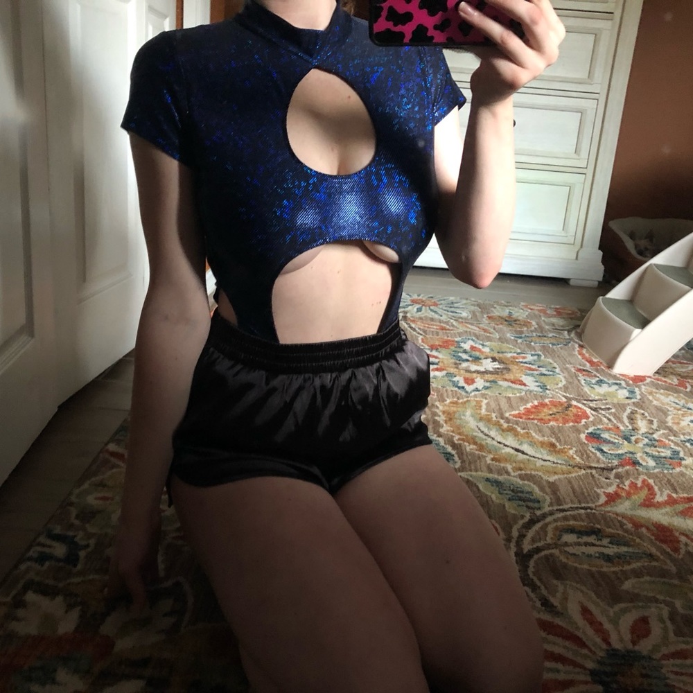 Dolls Kill blue metallic underboob rave bodysuit